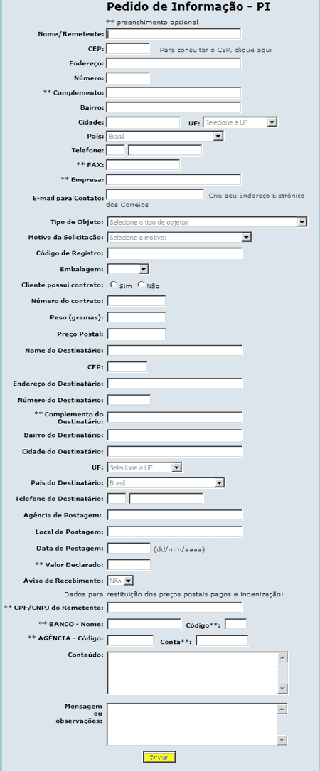 formulário para pedir informação
